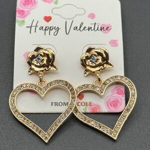 Gold Tone Rose Heart Dangle Earrings Rhinestone Sparkle Valentine's Day